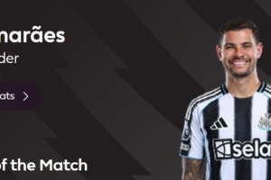 90分鐘絕殺，英超官方：吉馬良斯當(dāng)選紐卡2-1富勒姆全場(chǎng)最佳