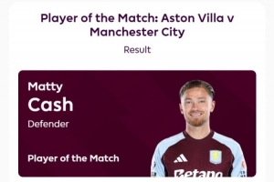 打進(jìn)制勝球，卡什當(dāng)選維拉vs曼城全場(chǎng)最佳球員